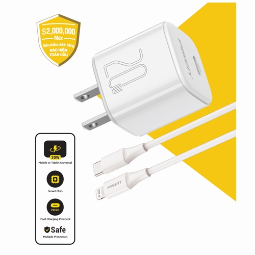 Bộ sạc cáp nhanh PISEN QUICK- Mr White Tiny USB-C 20W (Lightning)